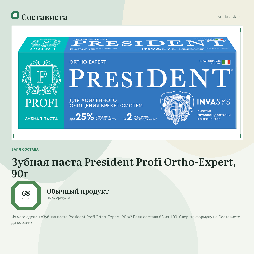 Зубная паста President Profi Ortho-Expert, 90г: балл состава 68 из 100 — Состависта