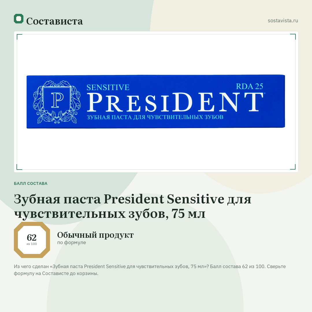 Зубная паста President Sensitive для чувствительных зубов, 75 мл: балл состава 62 из 100 — Состависта