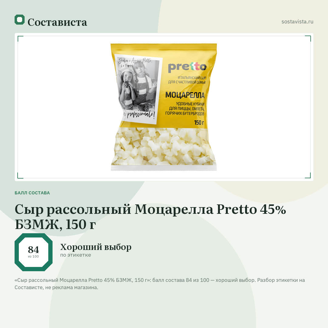 Сыр рассольный Моцарелла Pretto 45% БЗМЖ, 150 г: балл состава 84 из 100 — Состависта