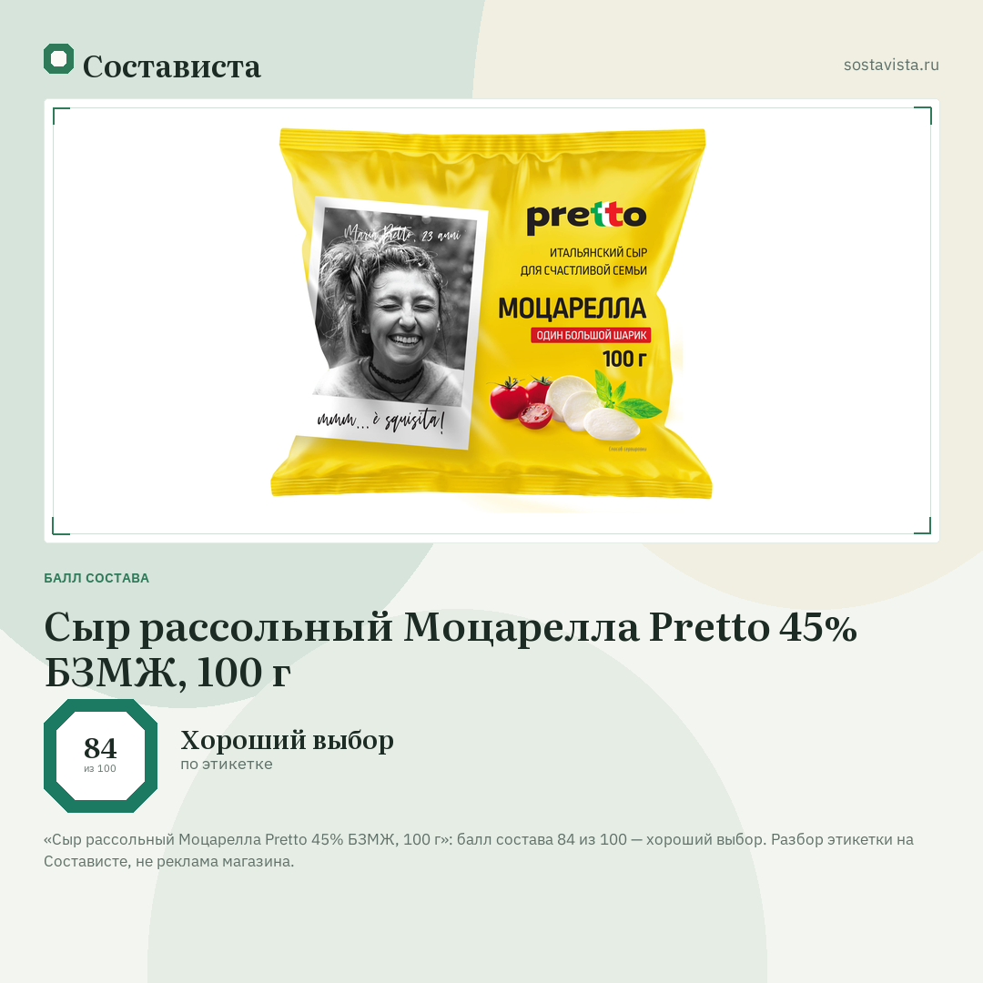 Сыр рассольный Моцарелла Pretto 45% БЗМЖ, 100 г: балл состава 84 из 100 — Состависта