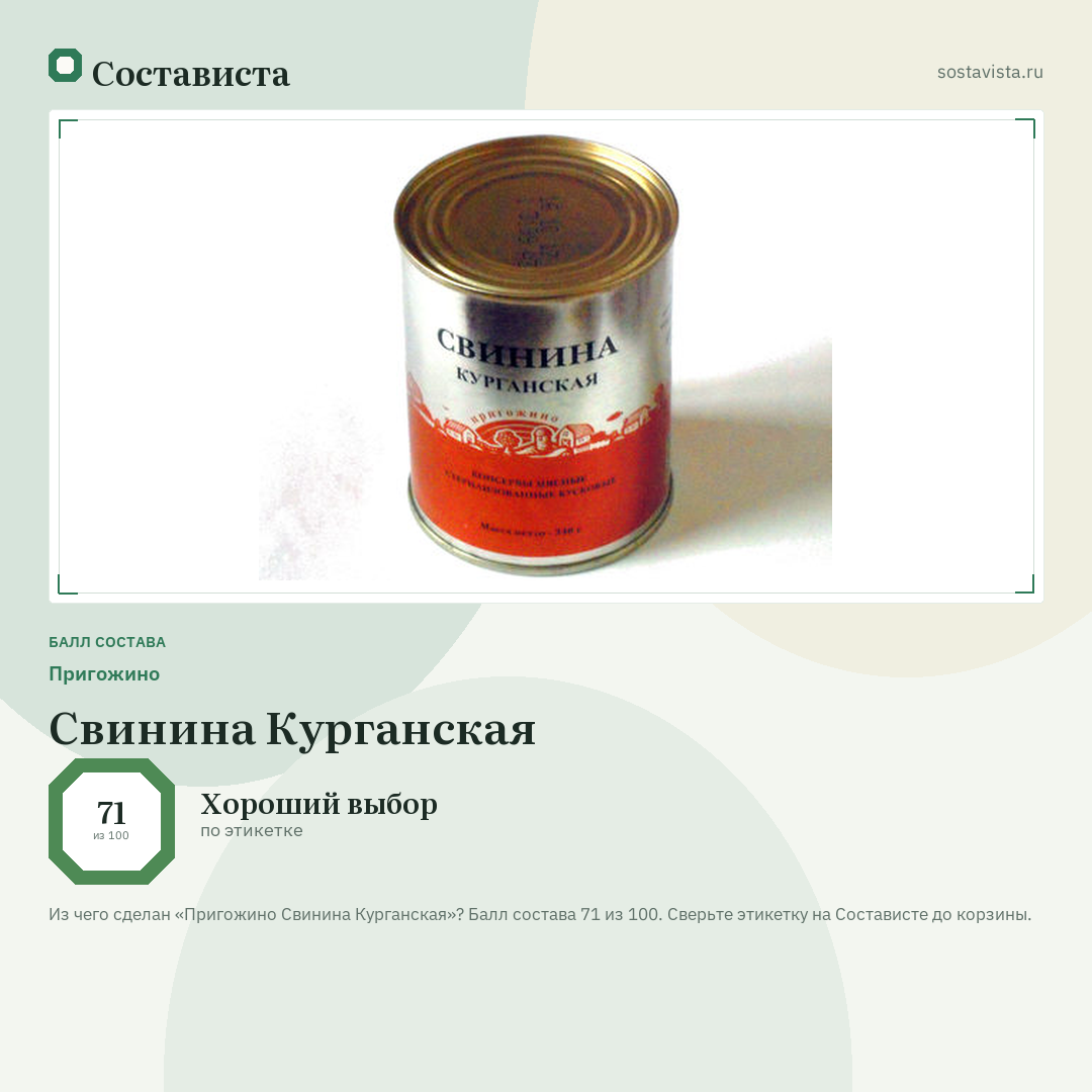 Пригожино Свинина Курганская: балл состава 71 из 100 — Состависта