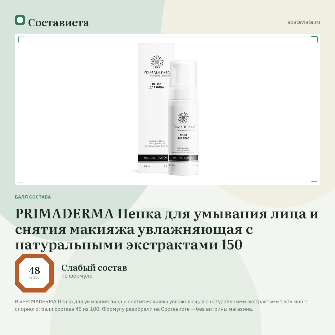 PRIMADERMA Пенка для умывания лица и снятия макияжа увлажняющая с натуральными экстрактами 150: балл состава 48 из 100 — Состависта
