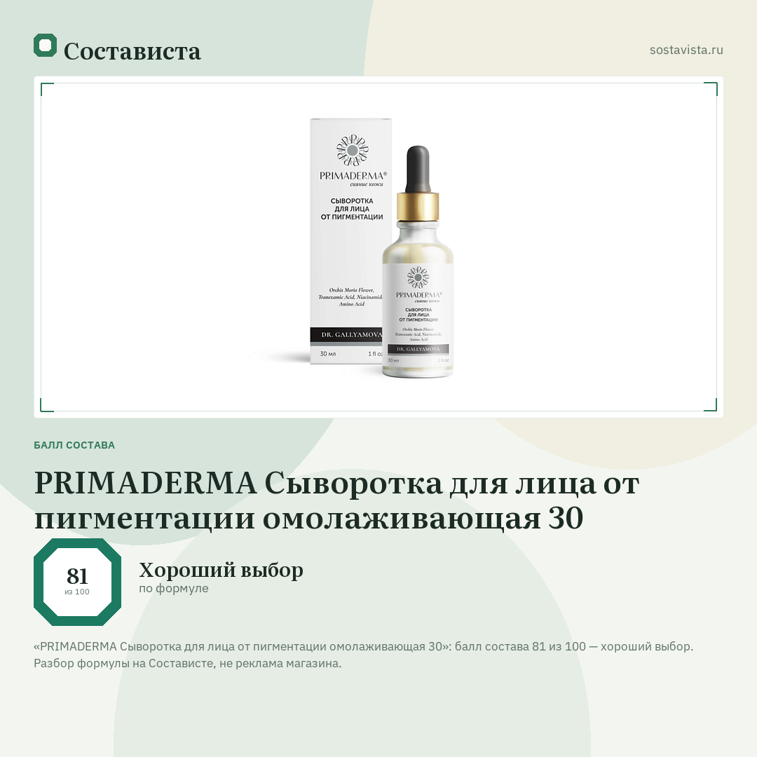 PRIMADERMA Сыворотка для лица от пигментации омолаживающая 30: балл состава 81 из 100 — Состависта