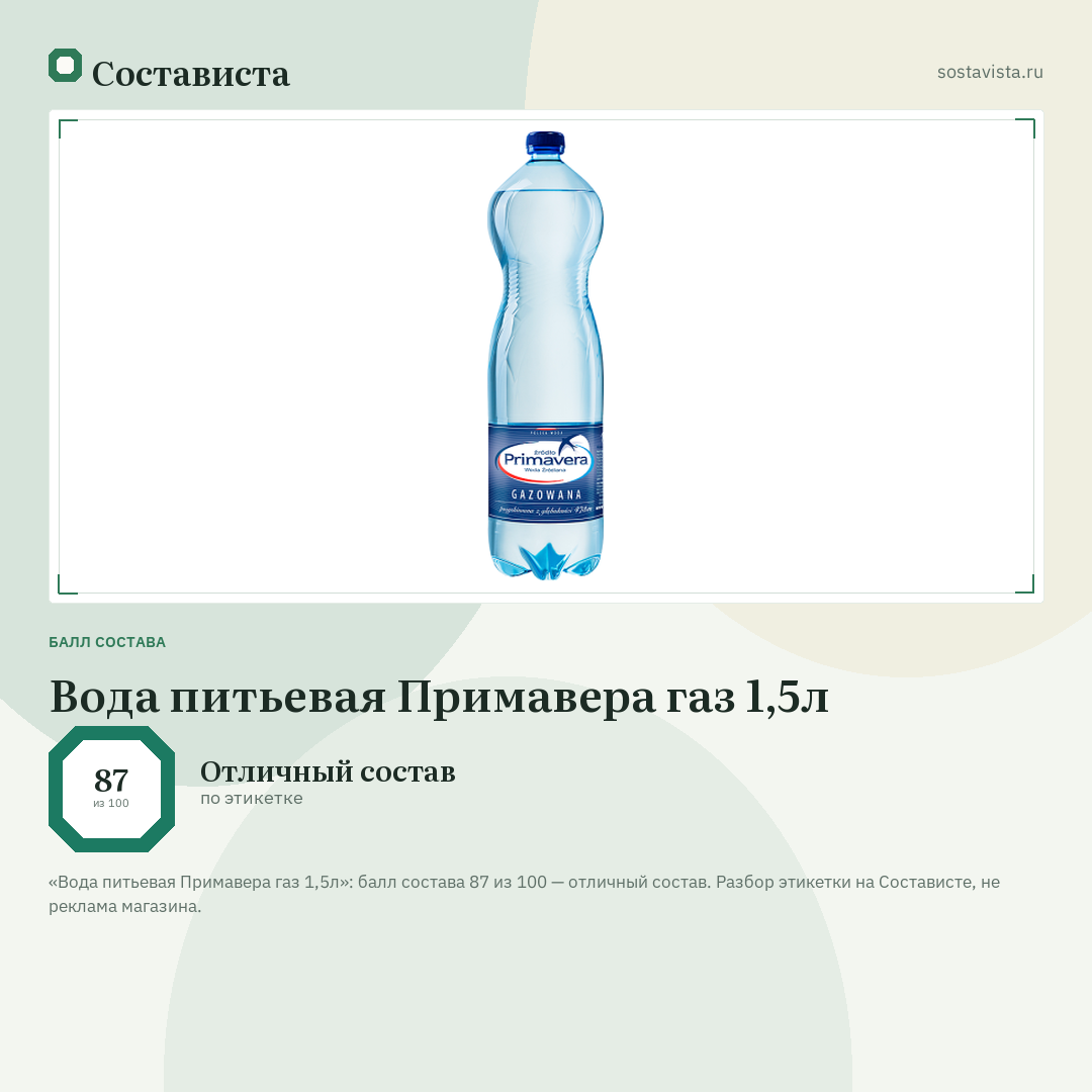 Вода питьевая Примавера газ 1,5л: балл состава 87 из 100 — Состависта