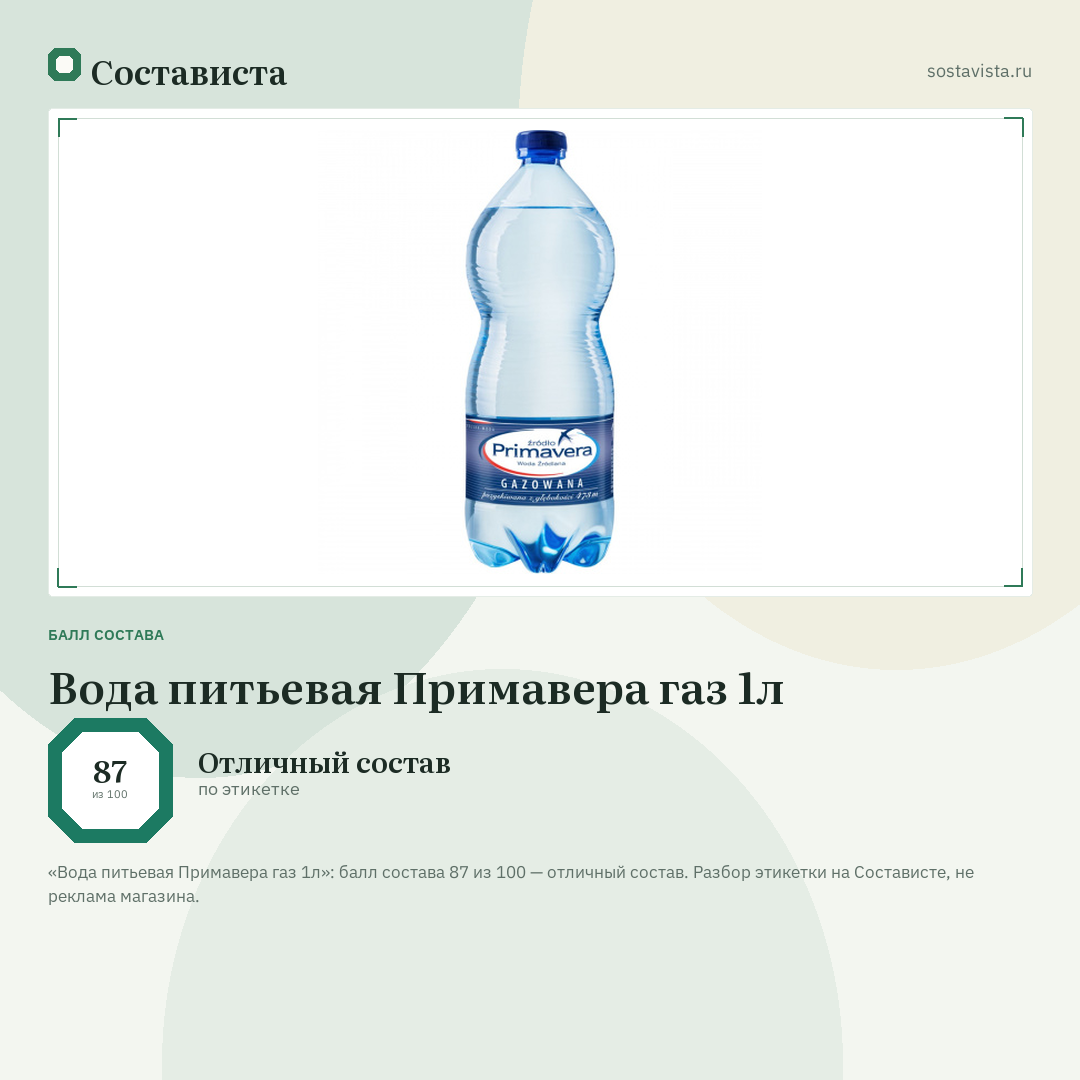 Вода питьевая Примавера газ 1л: балл состава 87 из 100 — Состависта