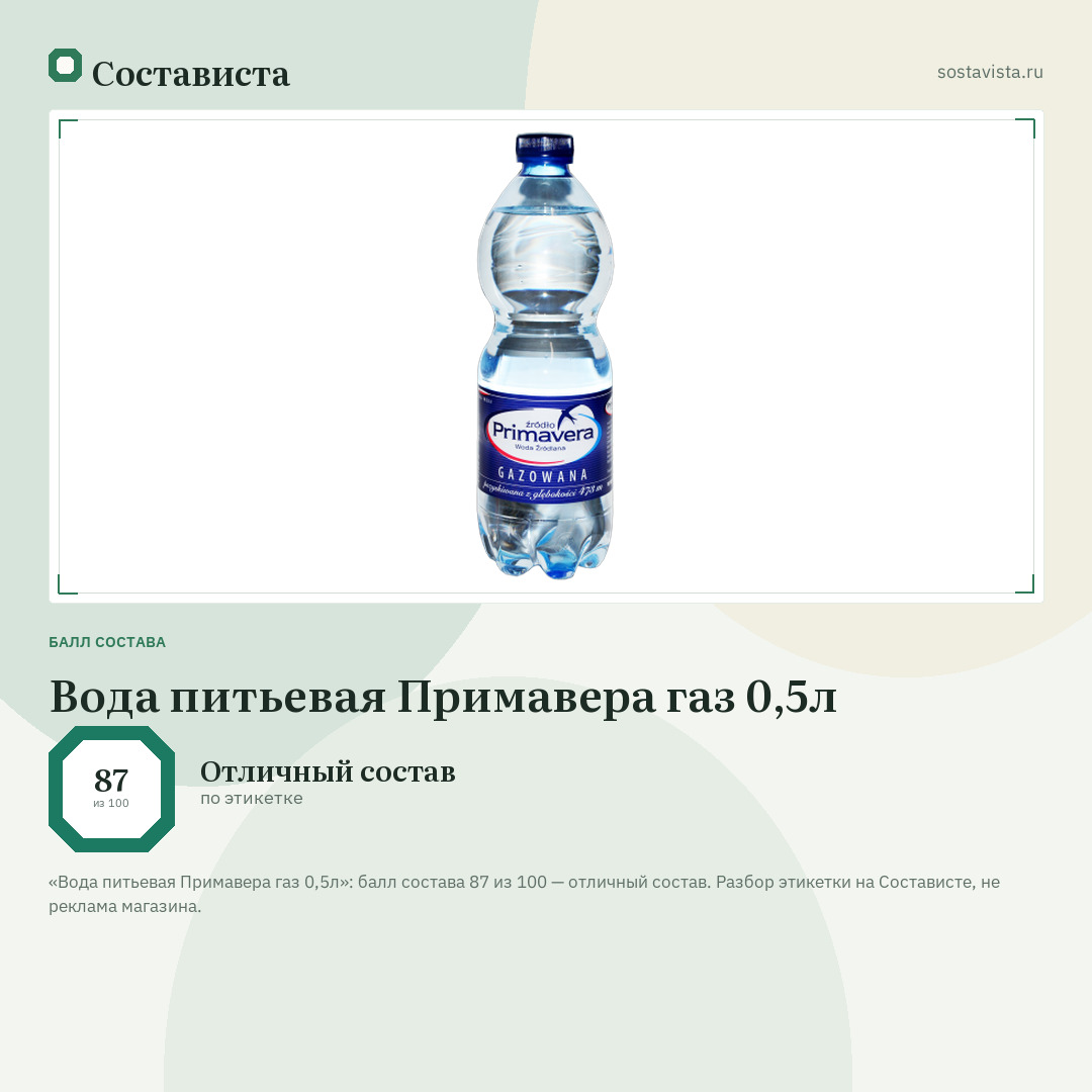 Вода питьевая Примавера газ 0,5л: балл состава 87 из 100 — Состависта