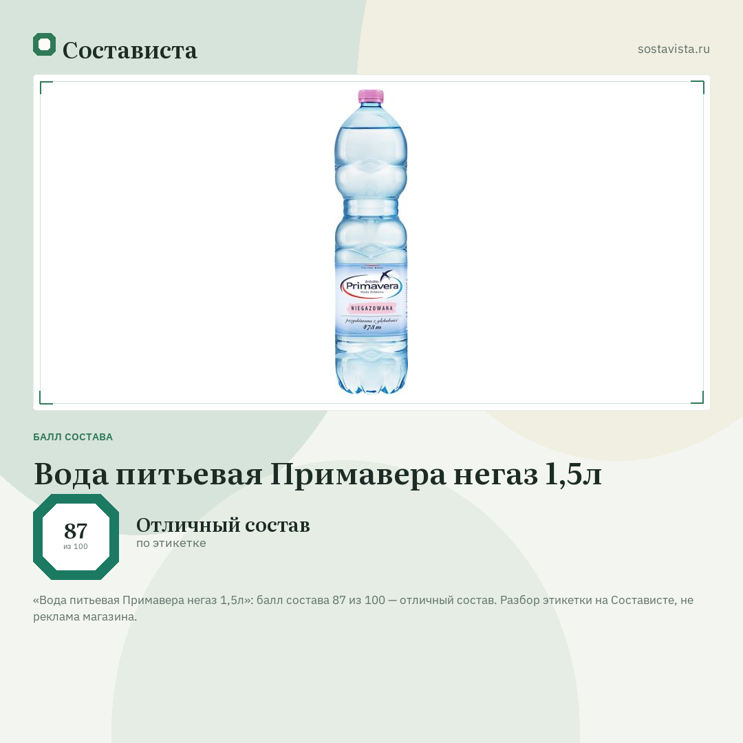 Вода питьевая Примавера негаз 1,5л: балл состава 87 из 100 — Состависта