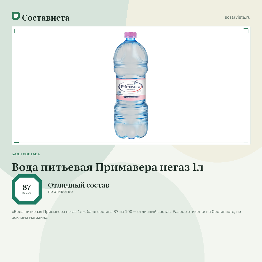 Вода питьевая Примавера негаз 1л: балл состава 87 из 100 — Состависта