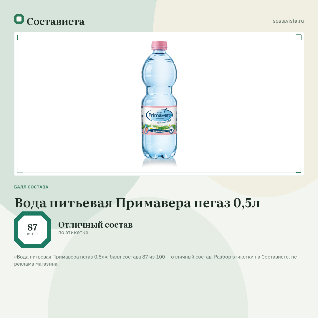 Вода питьевая Примавера негаз 0,5л: балл состава 87 из 100 — Состависта