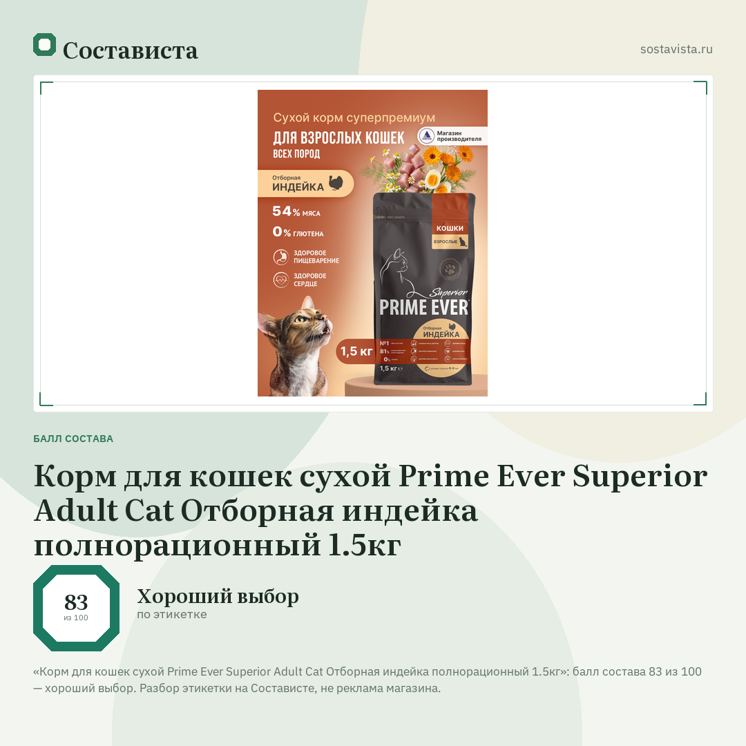 Корм для кошек сухой Prime Ever Superior Adult Cat Отборная индейка полнорационный 1.5кг: балл состава 83 из 100 — Состависта