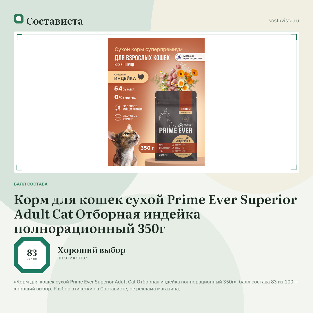 Корм для кошек сухой Prime Ever Superior Adult Cat Отборная индейка полнорационный 350г: балл состава 83 из 100 — Состависта