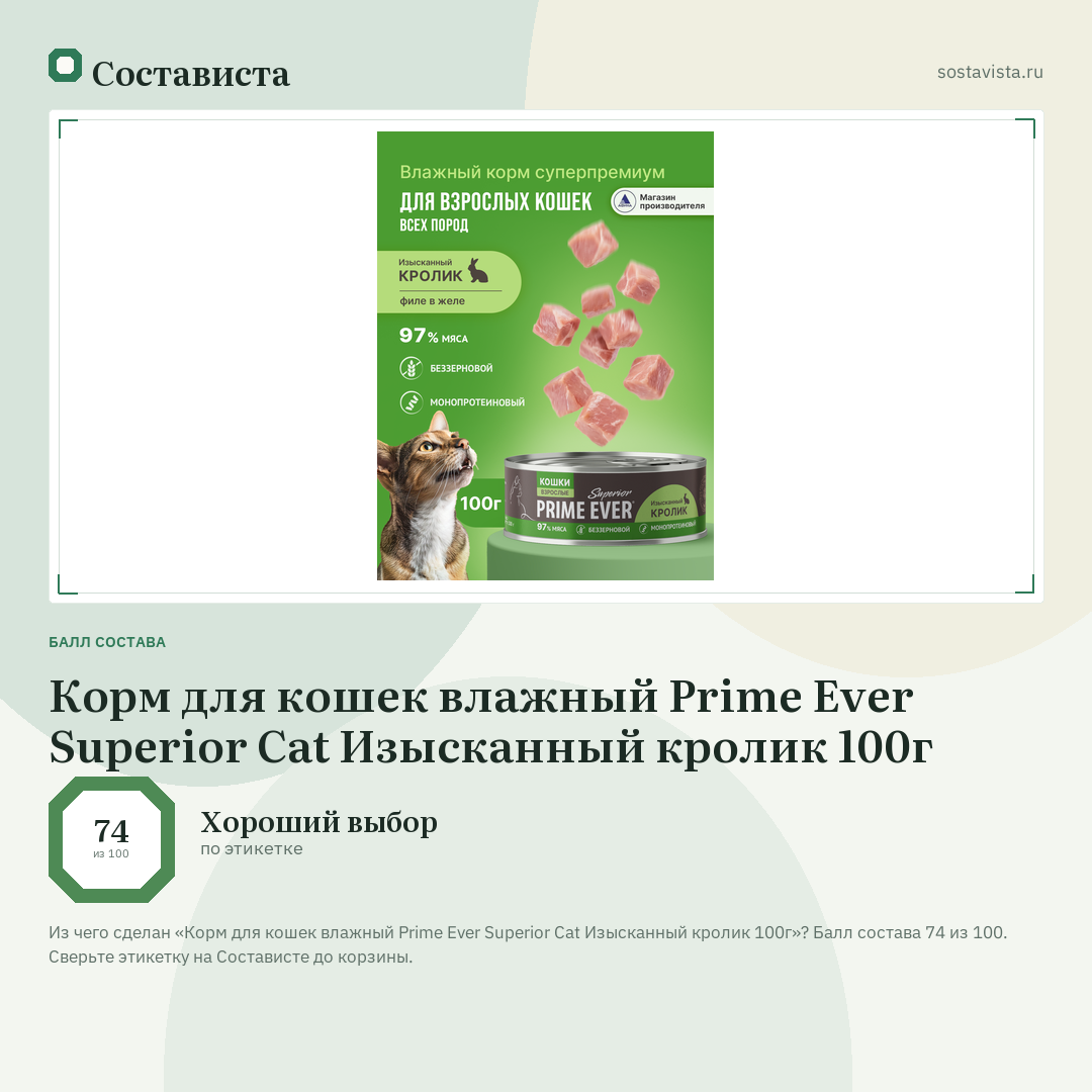 Корм для кошек влажный Prime Ever Superior Cat Изысканный кролик 100г: балл состава 74 из 100 — Состависта