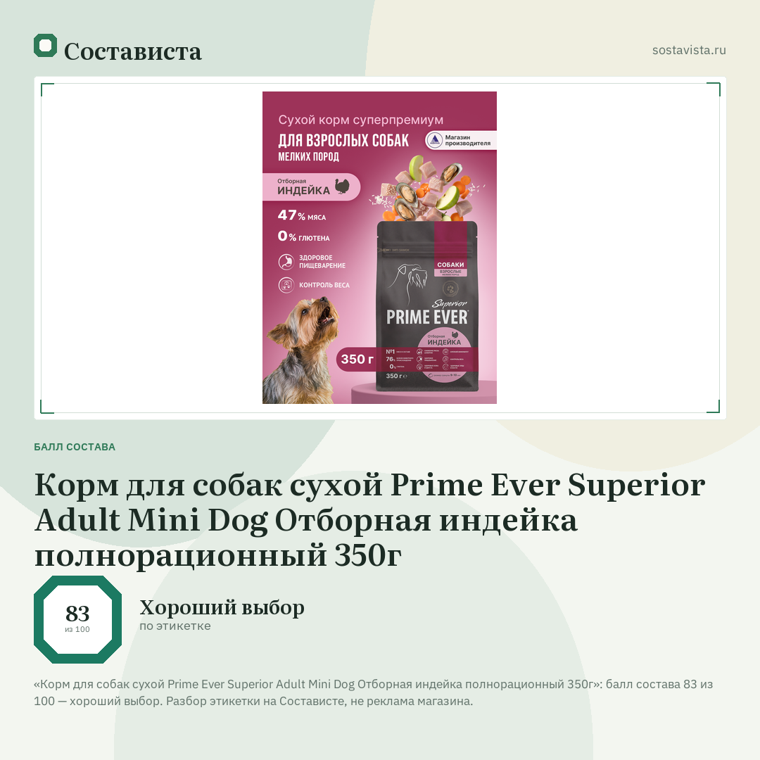 Корм для собак сухой Prime Ever Superior Adult Mini Dog Отборная индейка полнорационный 350г: балл состава 83 из 100 — Состависта