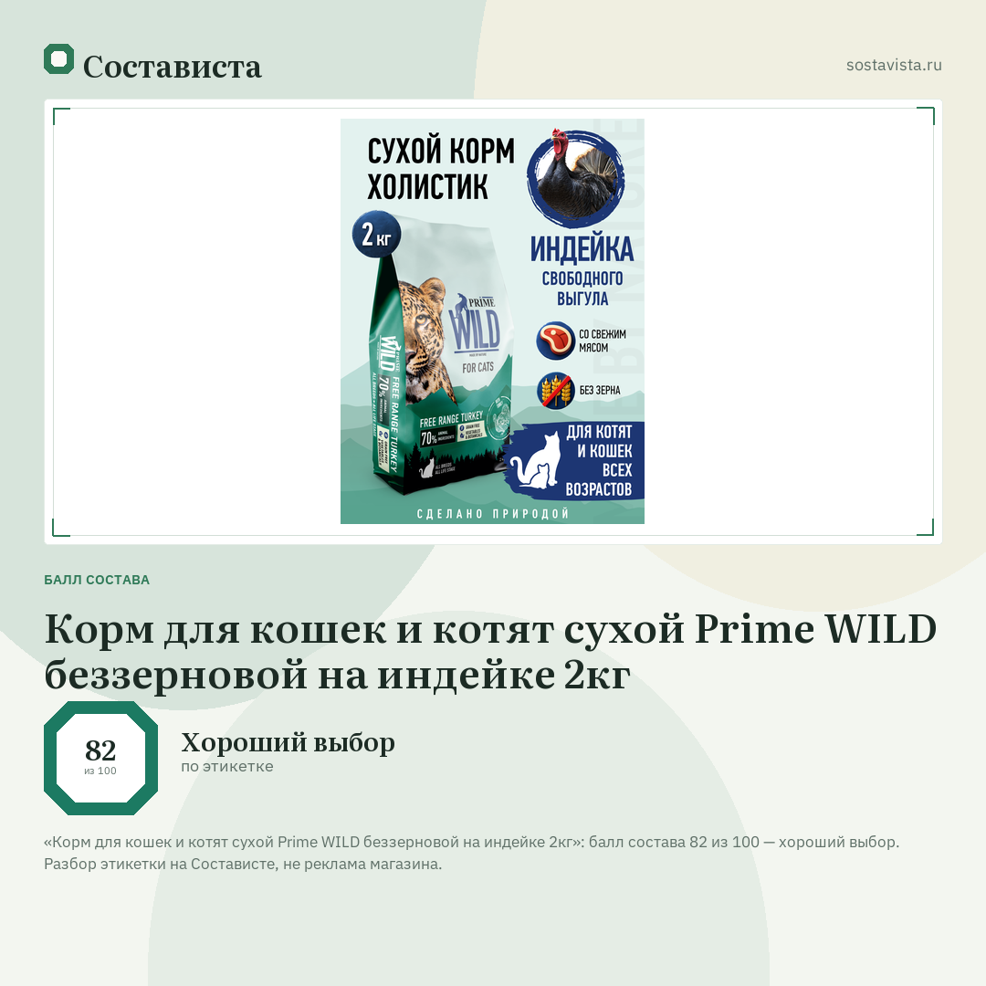 Корм для кошек и котят сухой Prime WILD беззерновой на индейке 2кг: балл состава 82 из 100 — Состависта