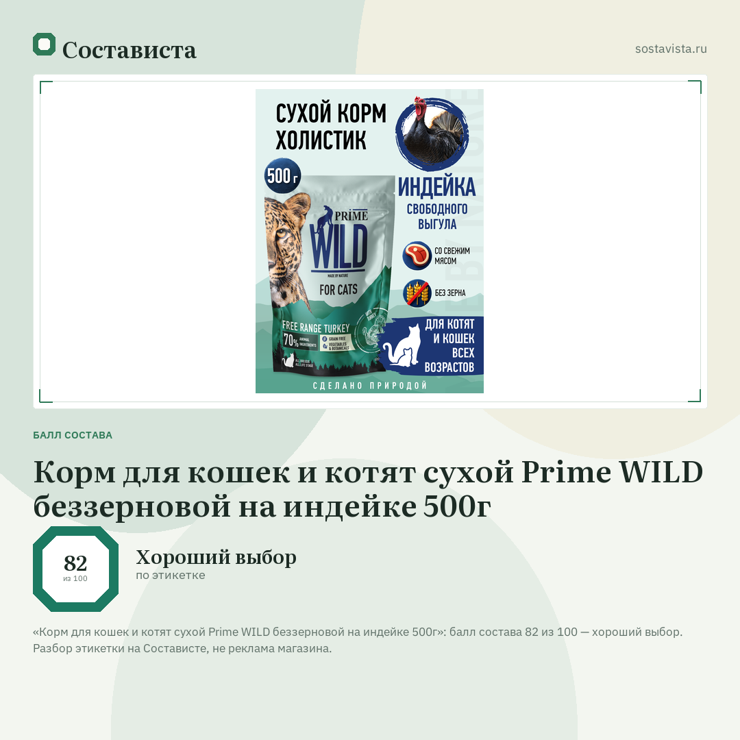 Корм для кошек и котят сухой Prime WILD беззерновой на индейке 500г: балл состава 82 из 100 — Состависта