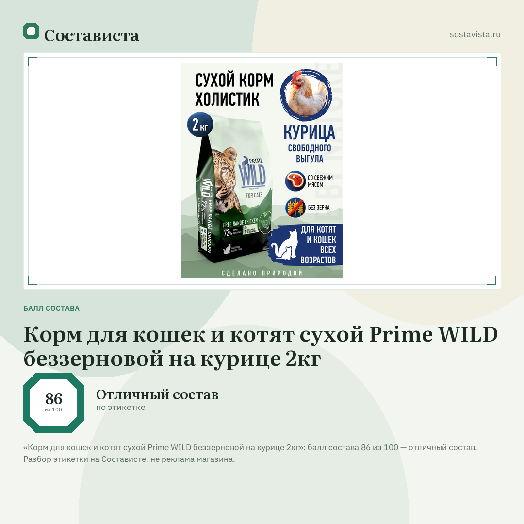 Корм для кошек и котят сухой Prime WILD беззерновой на курице 2кг: балл состава 86 из 100 — Состависта