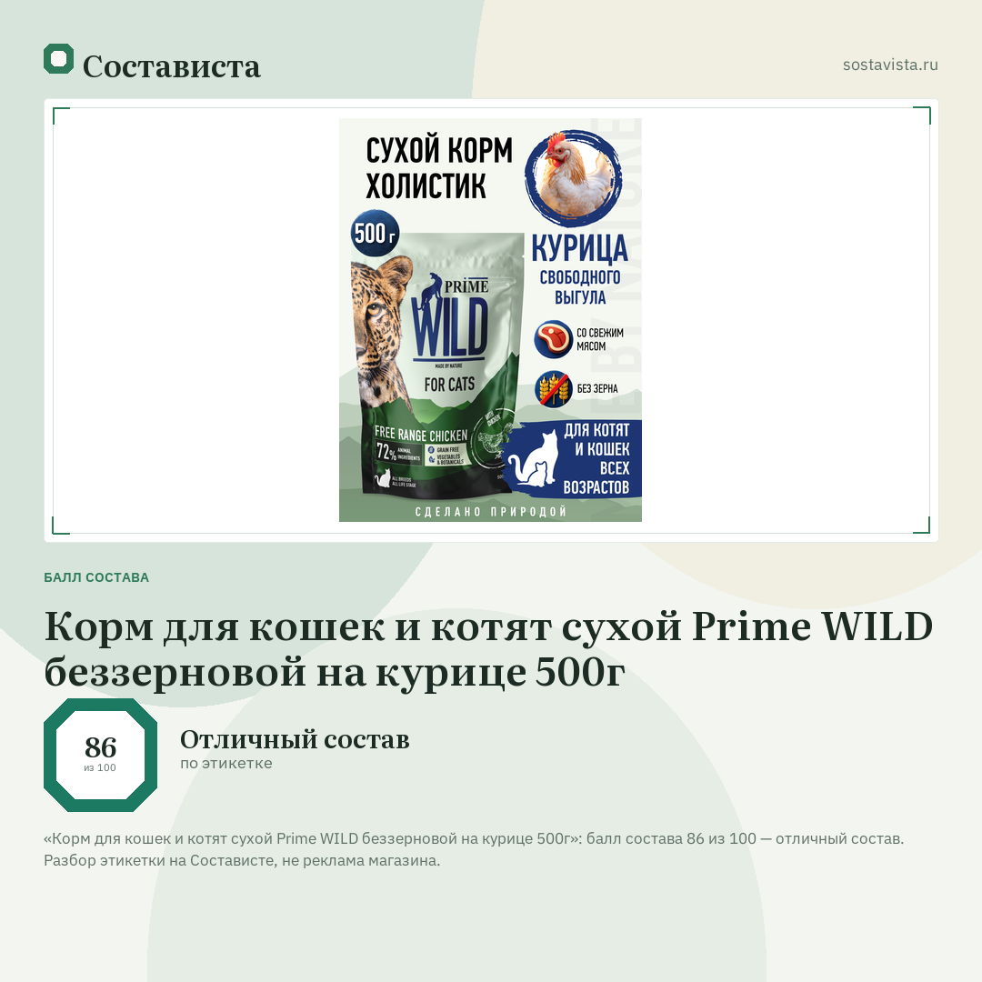 Корм для кошек и котят сухой Prime WILD беззерновой на курице 500г: балл состава 86 из 100 — Состависта