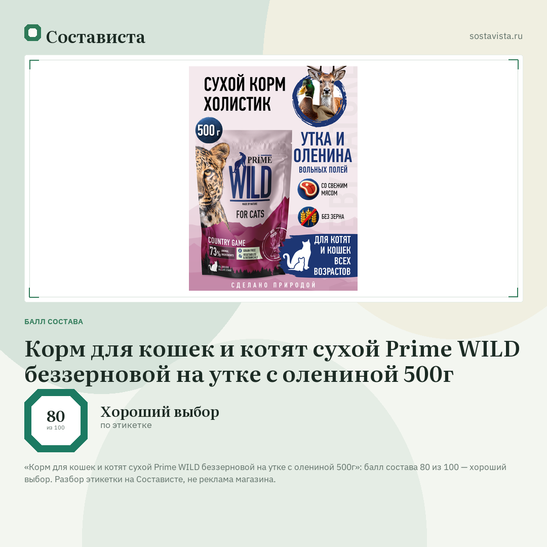 Корм для кошек и котят сухой Prime WILD беззерновой на утке с олениной 500г: балл состава 80 из 100 — Состависта