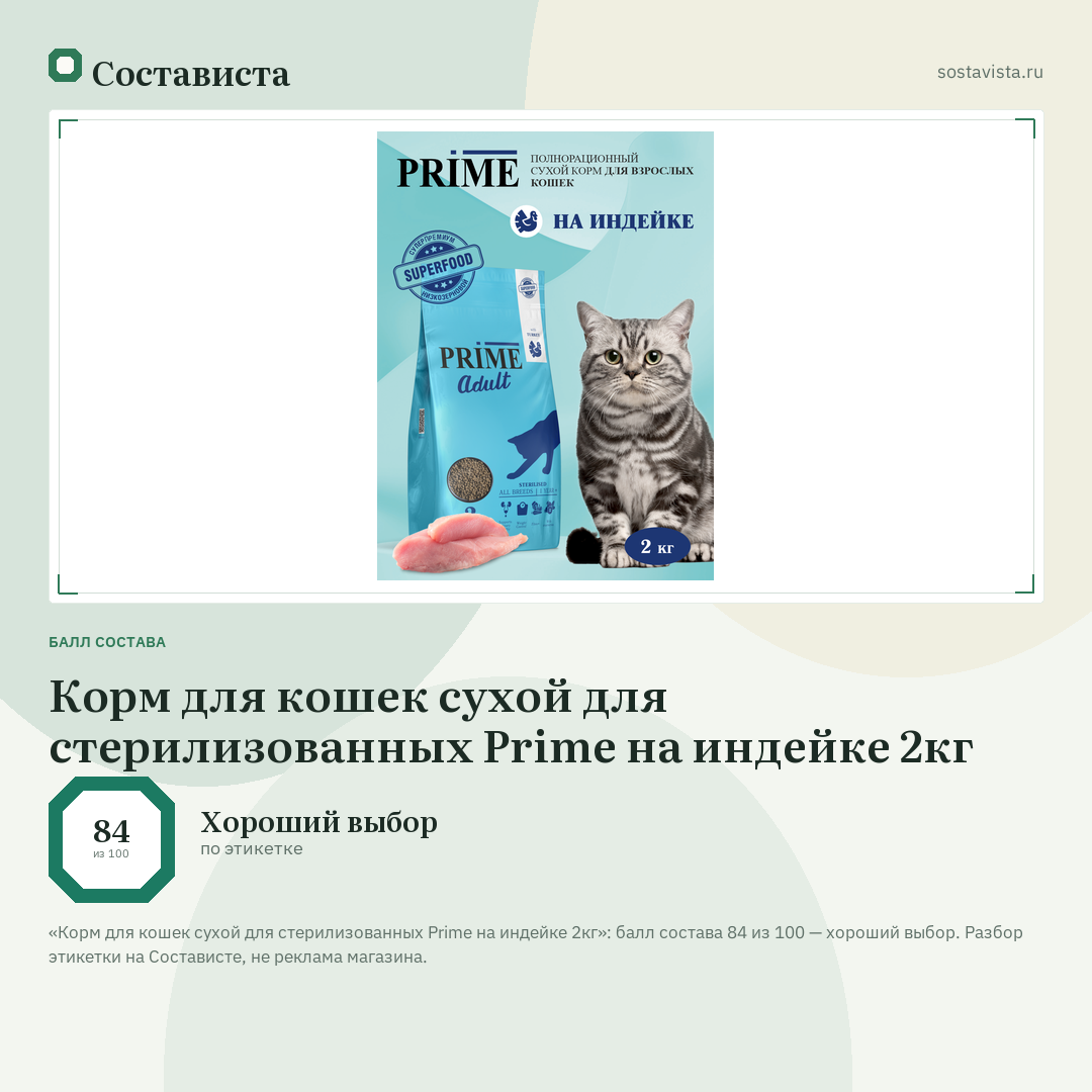 Корм для кошек сухой для стерилизованных Prime на индейке 2кг: балл состава 84 из 100 — Состависта