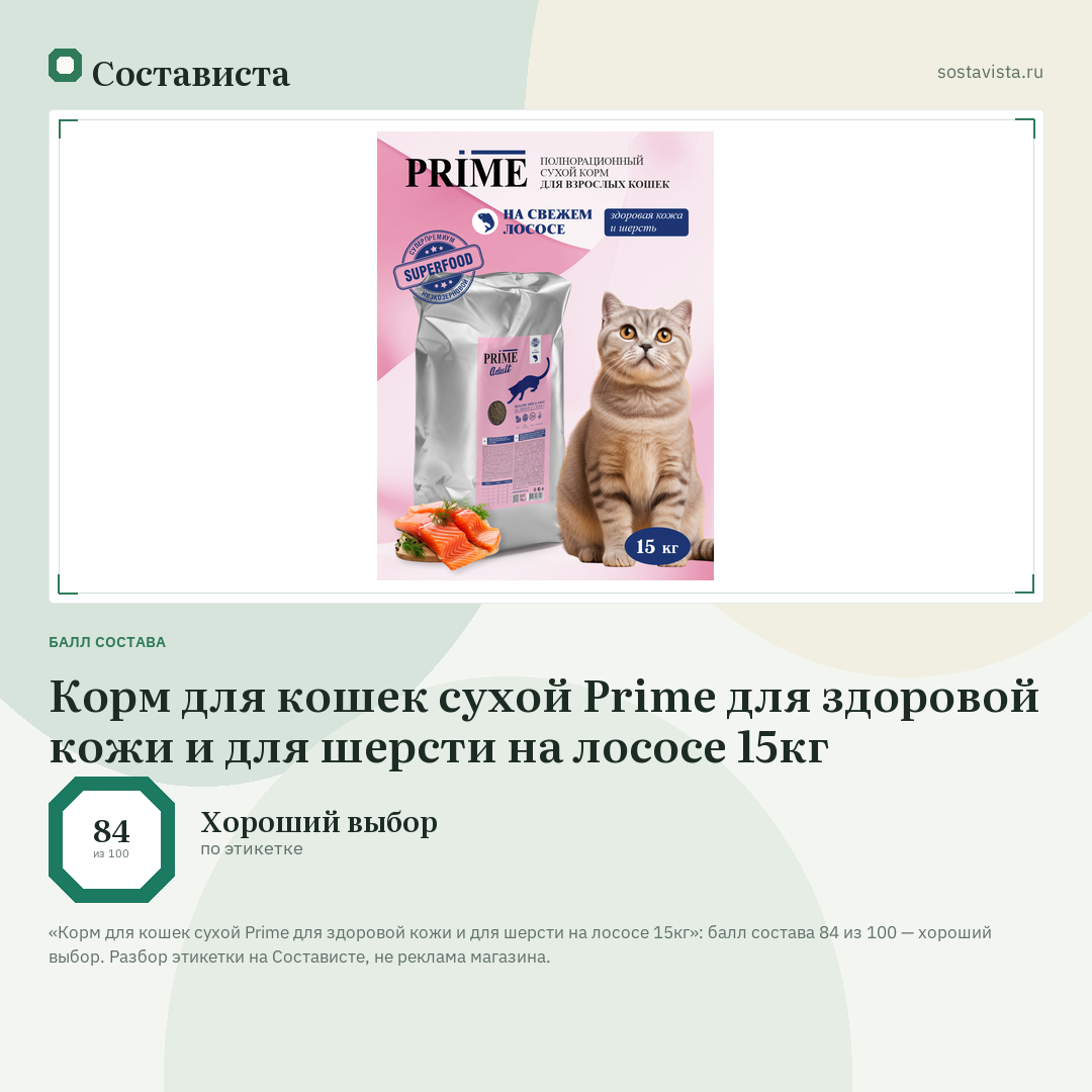 Корм для кошек сухой Prime для здоровой кожи и для шерсти на лососе 15кг: балл состава 84 из 100 — Состависта