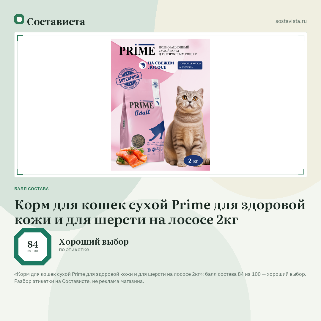 Корм для кошек сухой Prime для здоровой кожи и для шерсти на лососе 2кг: балл состава 84 из 100 — Состависта