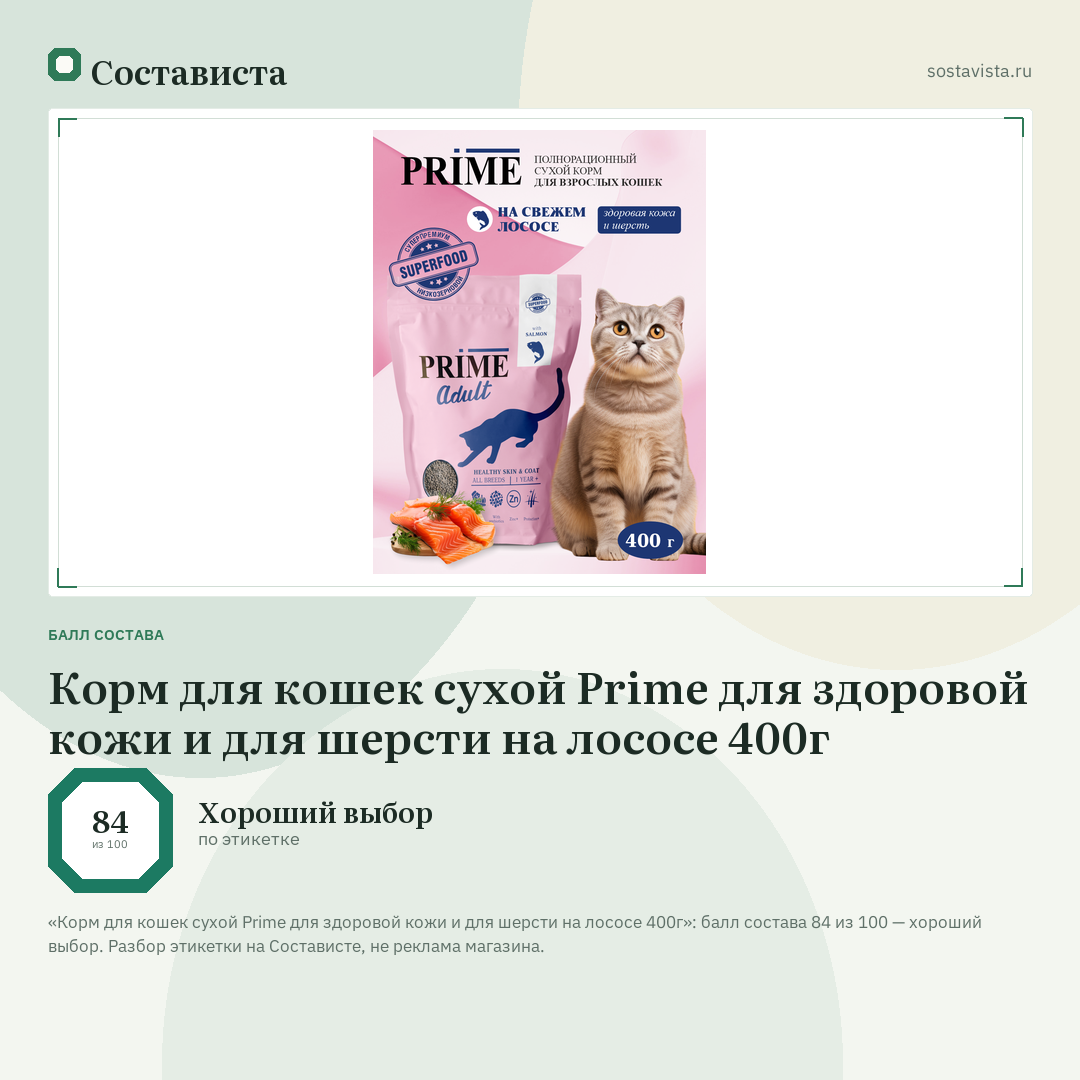 Корм для кошек сухой Prime для здоровой кожи и для шерсти на лососе 400г: балл состава 84 из 100 — Состависта