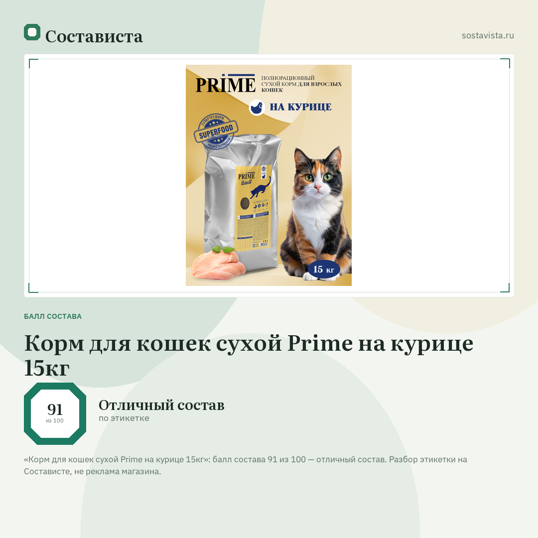 Корм для кошек сухой Prime на курице 15кг: балл состава 91 из 100 — Состависта