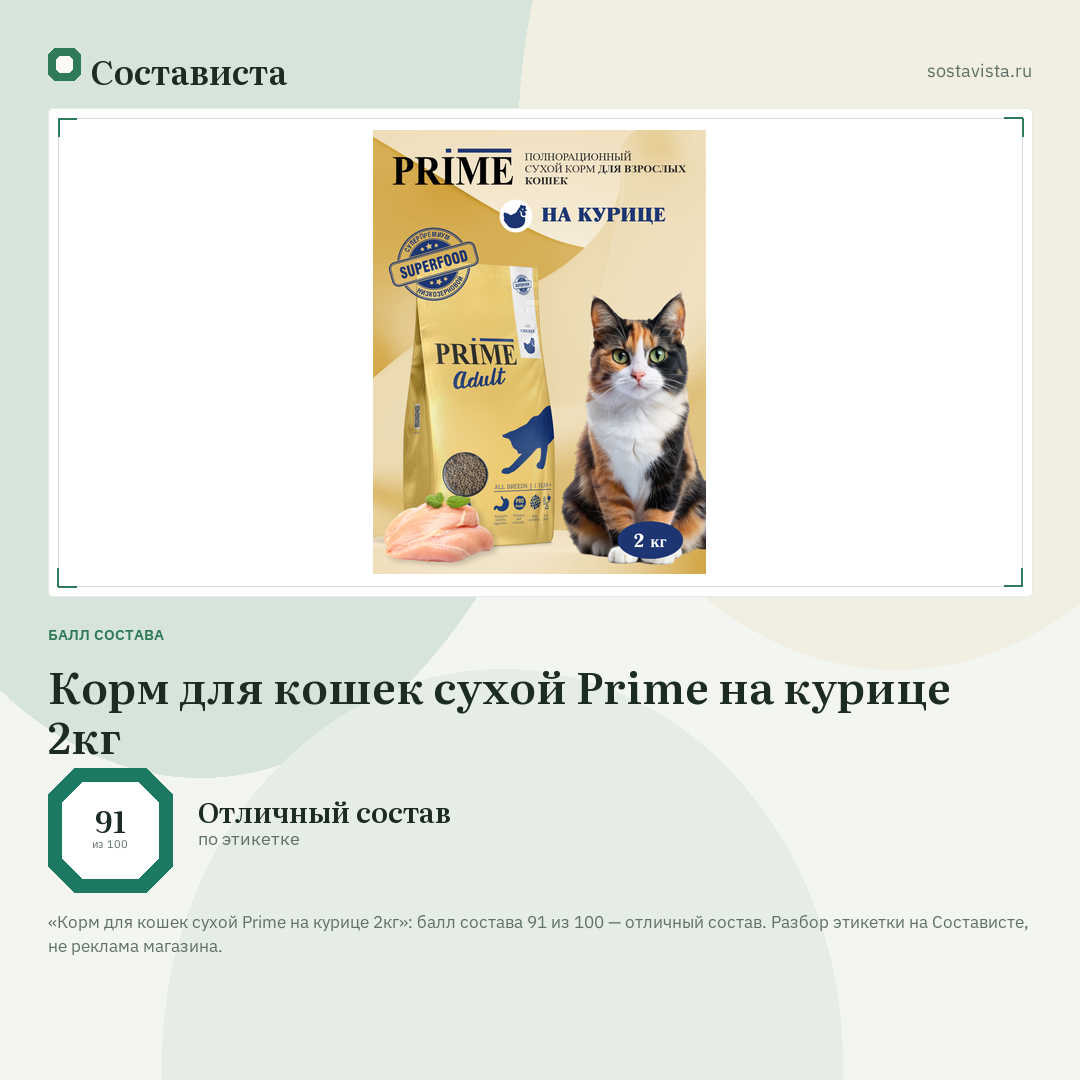 Корм для кошек сухой Prime на курице 2кг: балл состава 91 из 100 — Состависта
