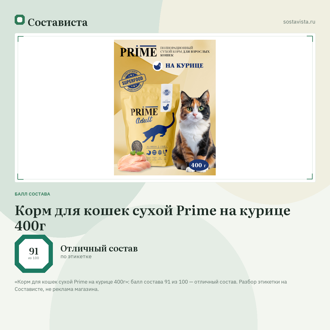 Корм для кошек сухой Prime на курице 400г: балл состава 91 из 100 — Состависта