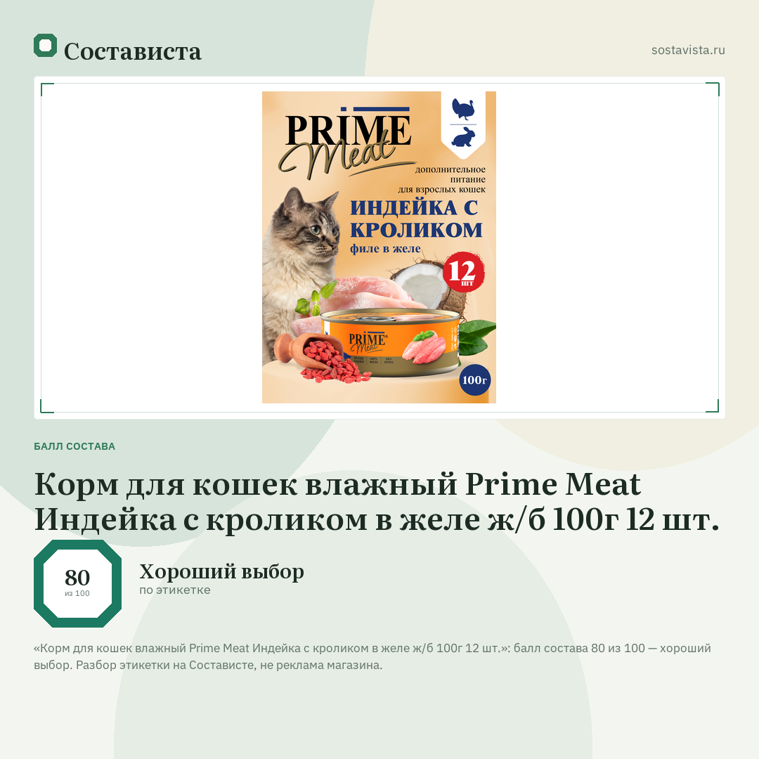 Корм для кошек влажный Prime Meat Индейка с кроликом в желе ж/б 100г 12 шт.: балл состава 80 из 100 — Состависта