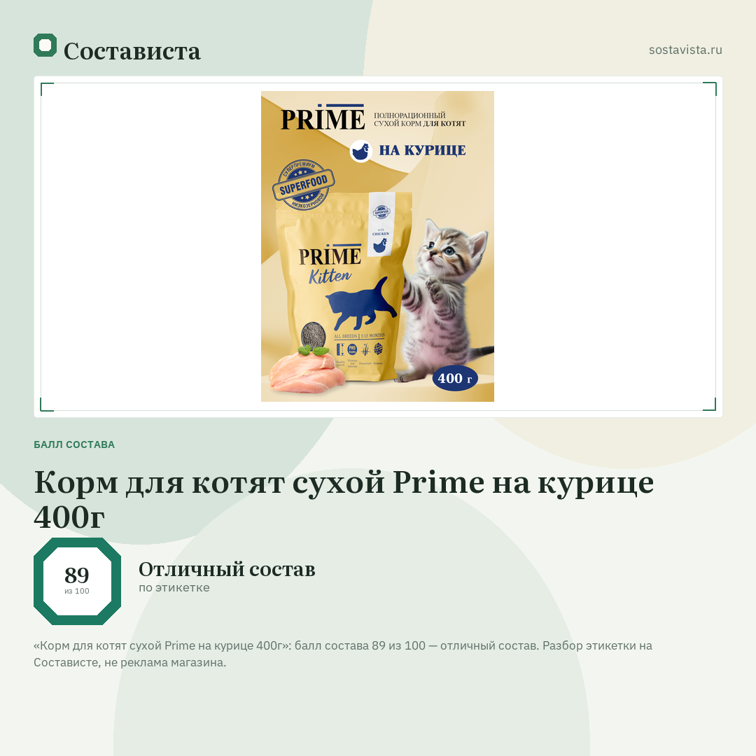 Корм для котят сухой Prime на курице 400г: балл состава 89 из 100 — Состависта