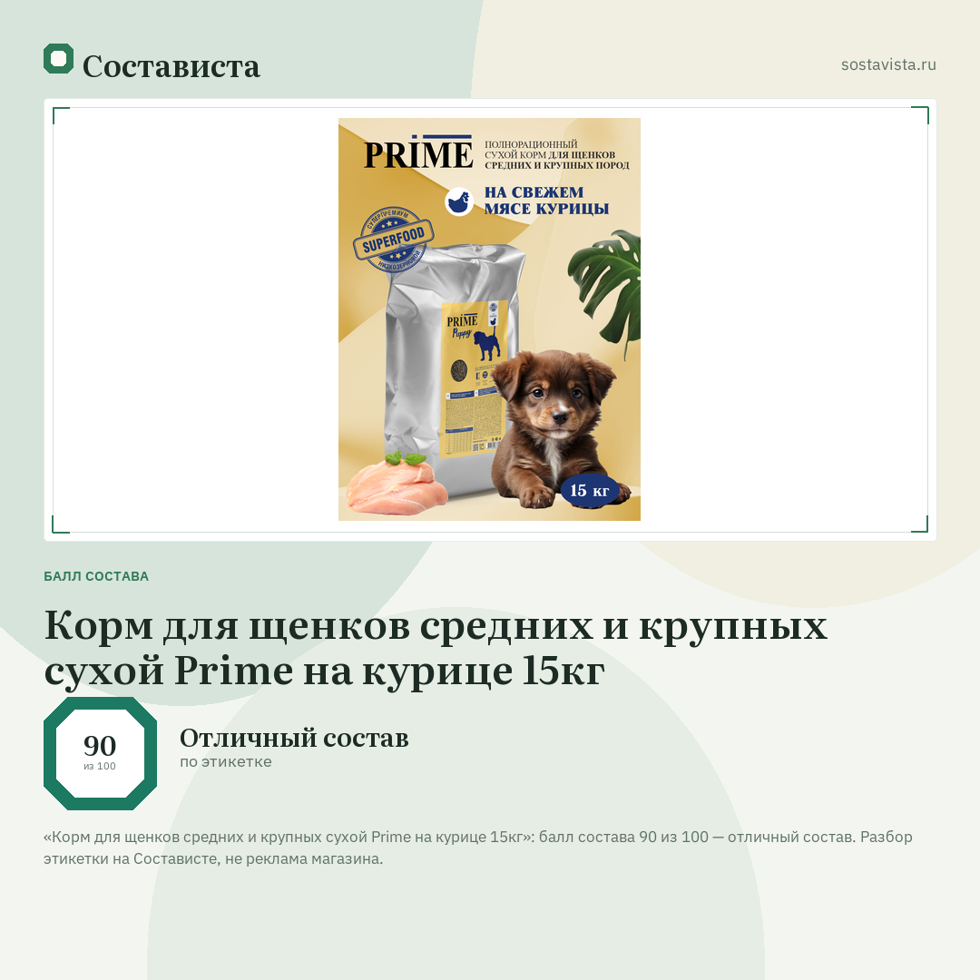 Корм для щенков средних и крупных сухой Prime на курице 15кг: балл состава 90 из 100 — Состависта