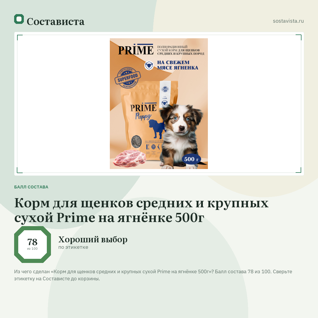 Корм для щенков средних и крупных сухой Prime на ягнёнке 500г: балл состава 78 из 100 — Состависта