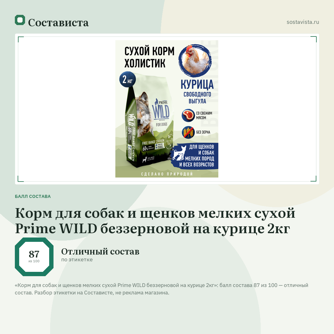 Корм для собак и щенков мелких сухой Prime WILD беззерновой на курице 2кг: балл состава 87 из 100 — Состависта