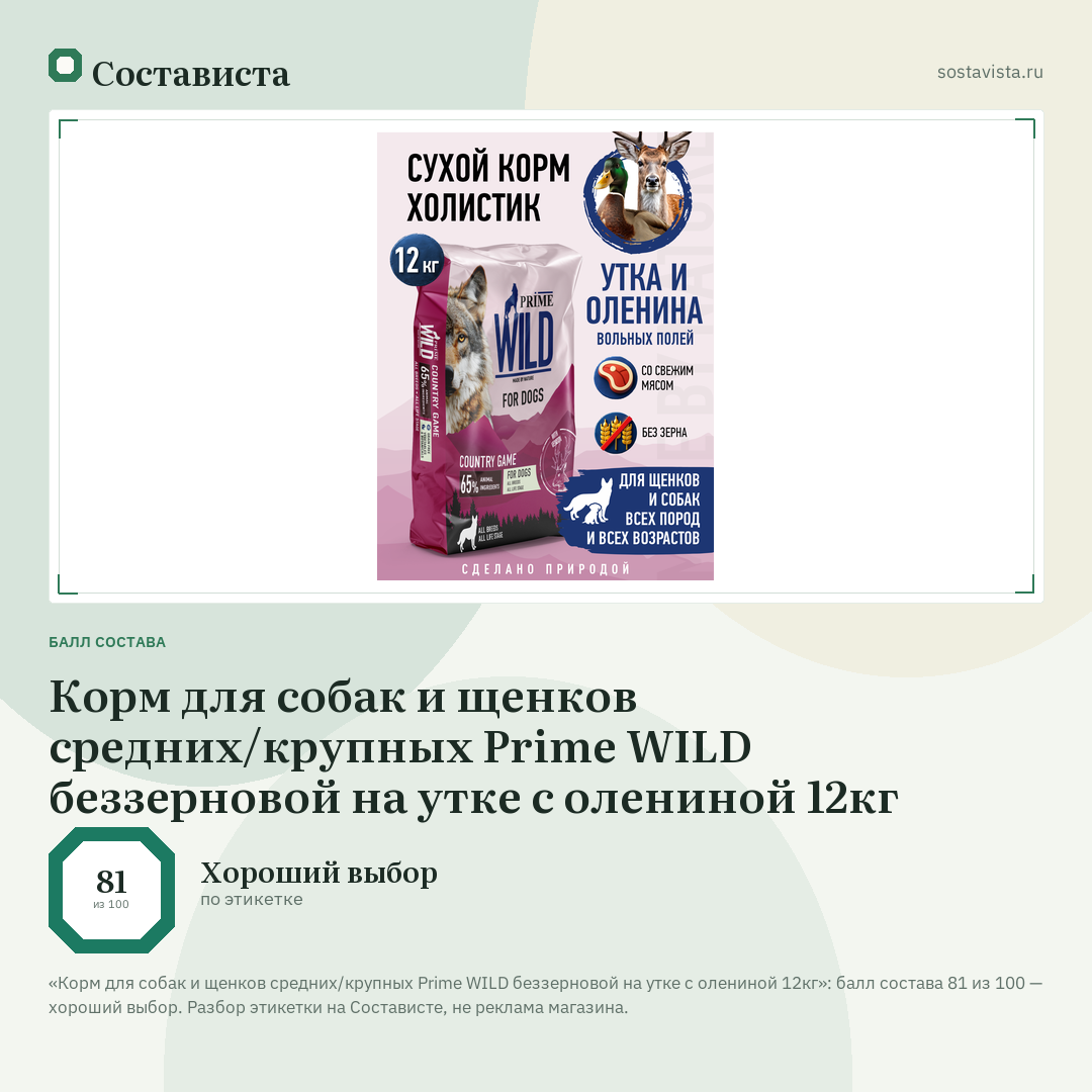 Корм для собак и щенков средних/крупных Prime WILD беззерновой на утке с олениной 12кг: балл состава 81 из 100 — Состависта