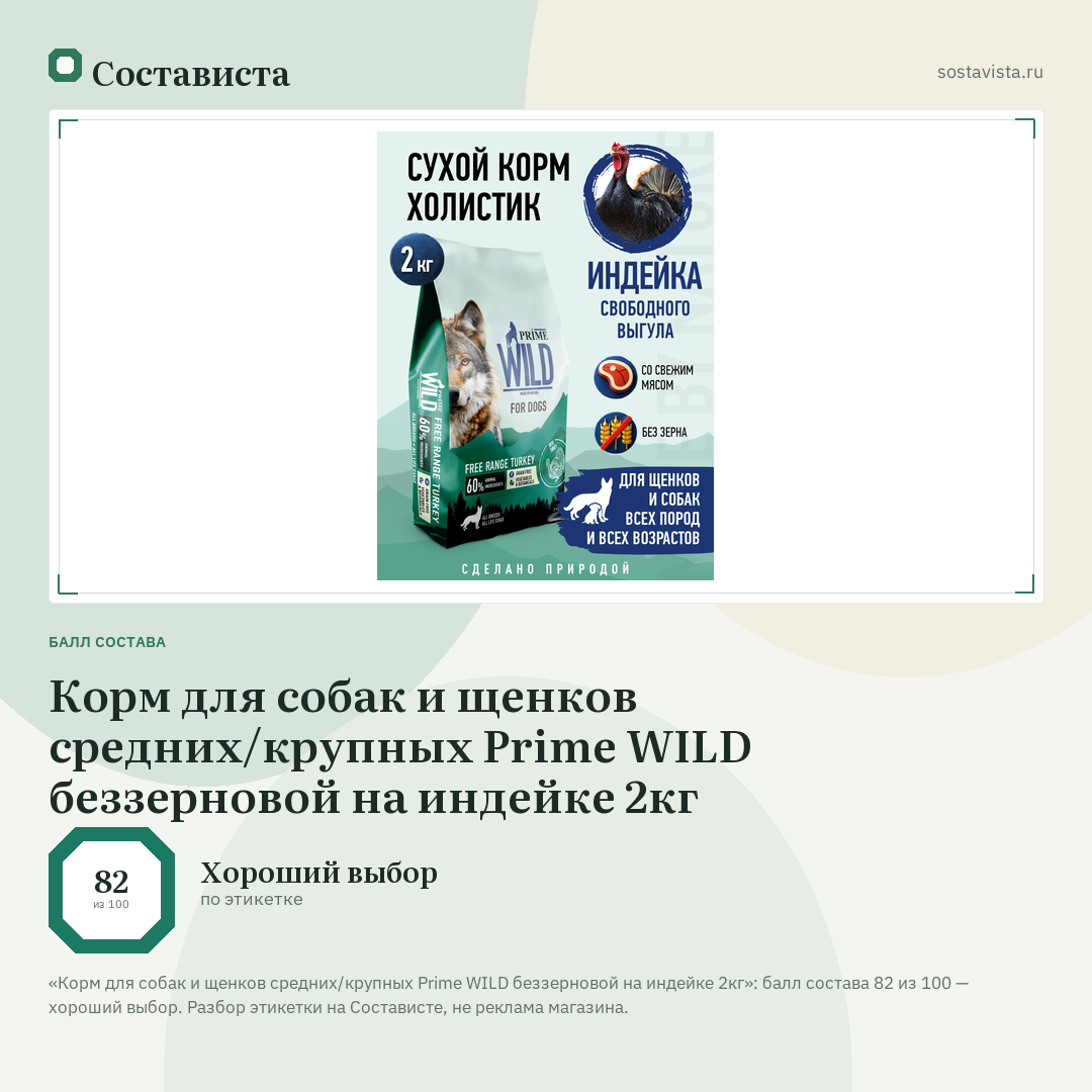 Корм для собак и щенков средних/крупных Prime WILD беззерновой на индейке 2кг: балл состава 82 из 100 — Состависта