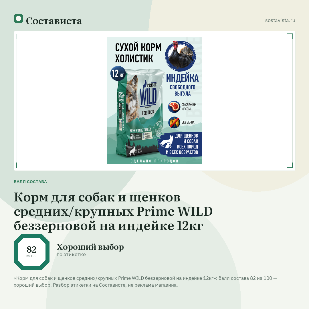 Корм для собак и щенков средних/крупных Prime WILD беззерновой на индейке 12кг: балл состава 82 из 100 — Состависта