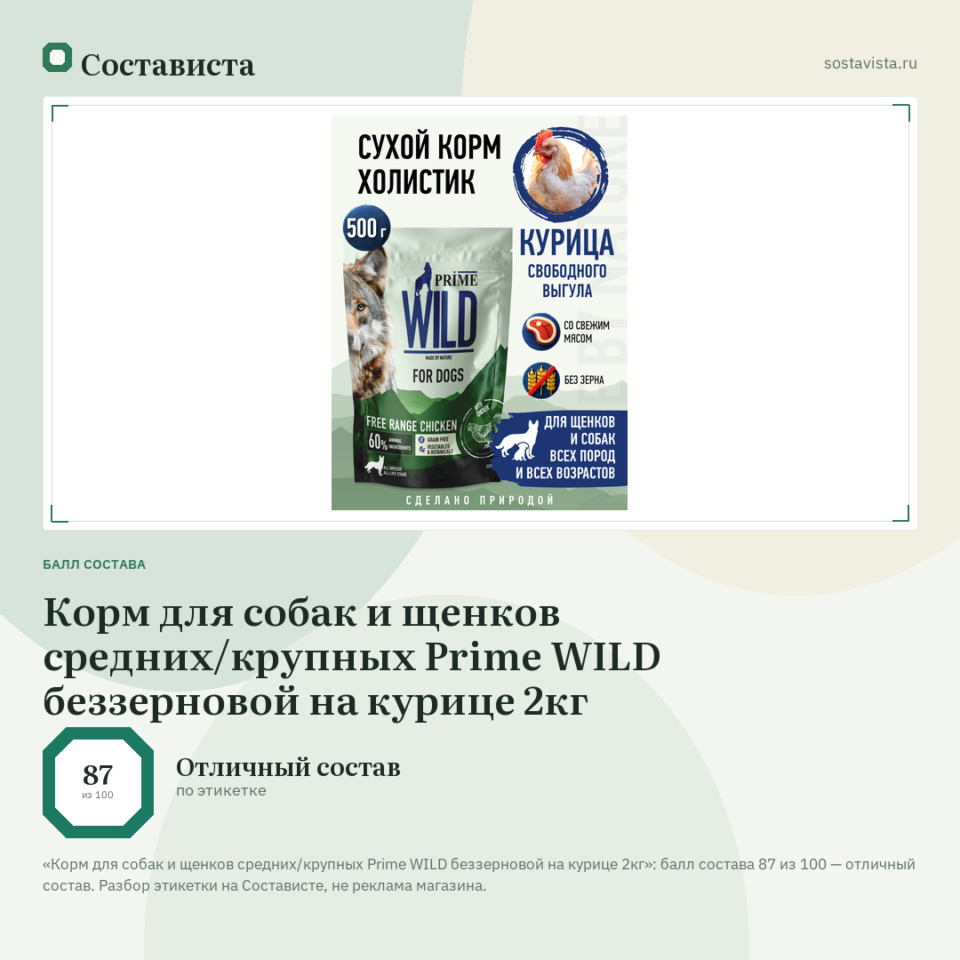 Корм для собак и щенков средних/крупных Prime WILD беззерновой на курице 2кг: балл состава 87 из 100 — Состависта