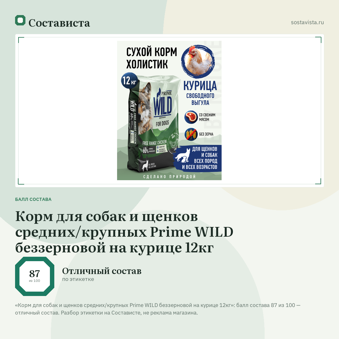 Корм для собак и щенков средних/крупных Prime WILD беззерновой на курице 12кг: балл состава 87 из 100 — Состависта