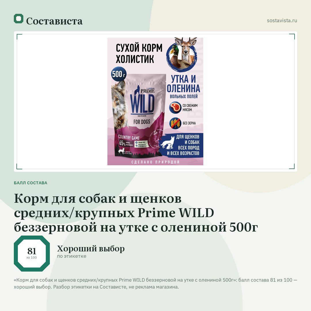 Корм для собак и щенков средних/крупных Prime WILD беззерновой на утке с олениной 500г: балл состава 81 из 100 — Состависта