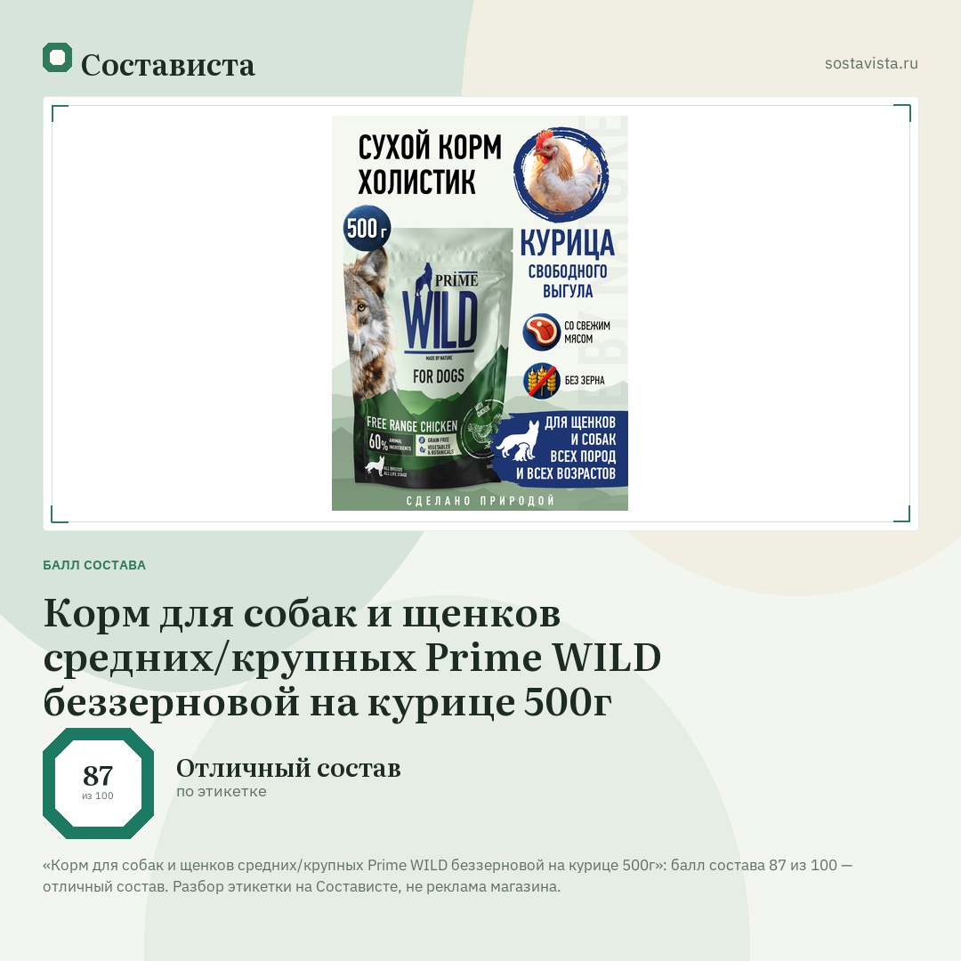 Корм для собак и щенков средних/крупных Prime WILD беззерновой на курице 500г: балл состава 87 из 100 — Состависта