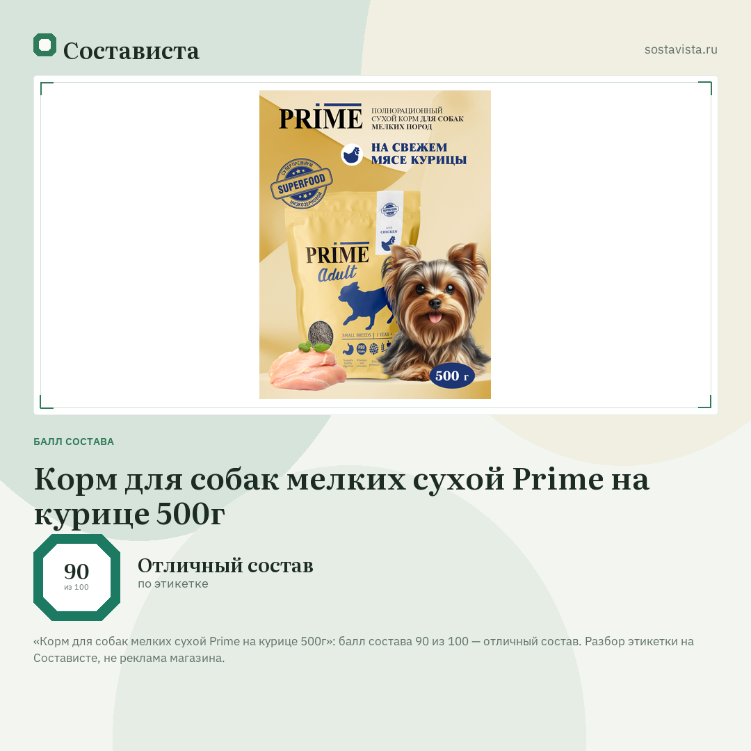 Корм для собак мелких сухой Prime на курице 500г: балл состава 90 из 100 — Состависта