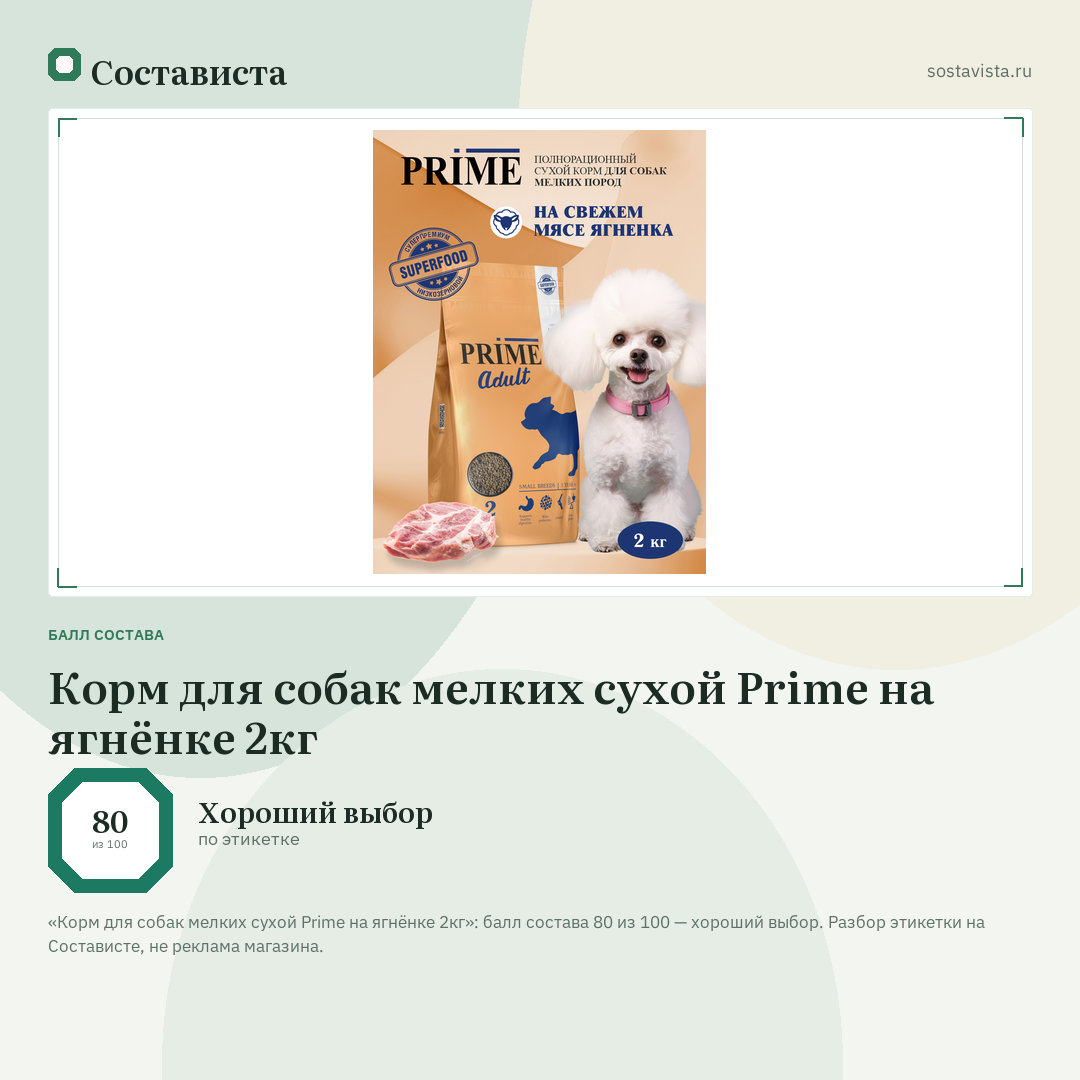 Корм для собак мелких сухой Prime на ягнёнке 2кг: балл состава 80 из 100 — Состависта