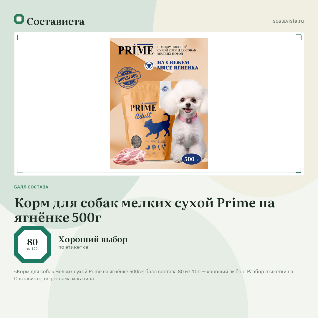 Корм для собак мелких сухой Prime на ягнёнке 500г: балл состава 80 из 100 — Состависта