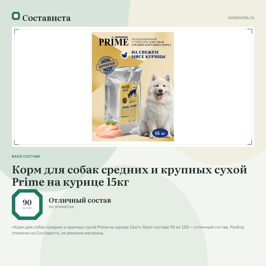 Корм для собак средних и крупных сухой Prime на курице 15кг: балл состава 90 из 100 — Состависта