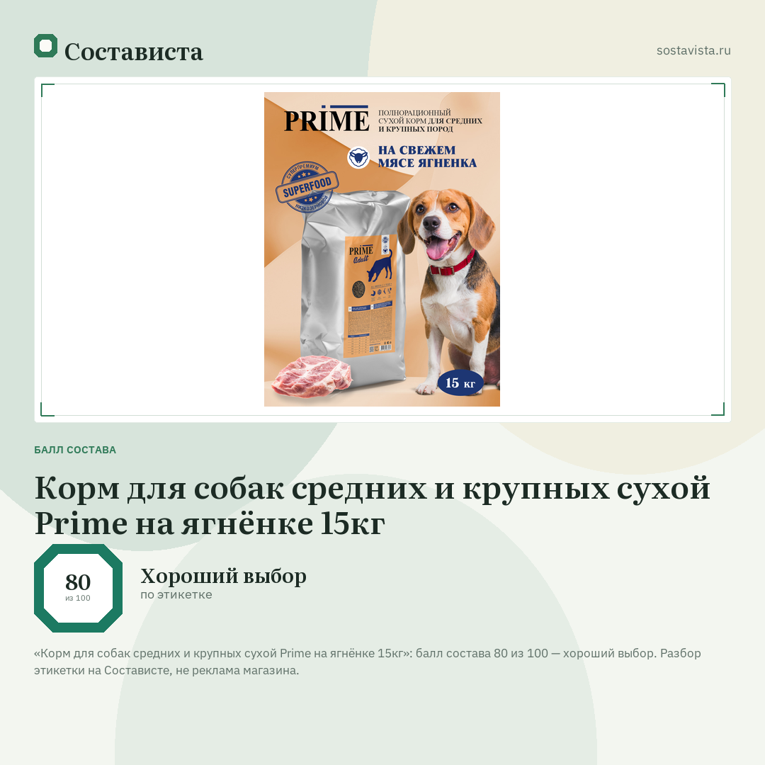 Корм для собак средних и крупных сухой Prime на ягнёнке 15кг: балл состава 80 из 100 — Состависта
