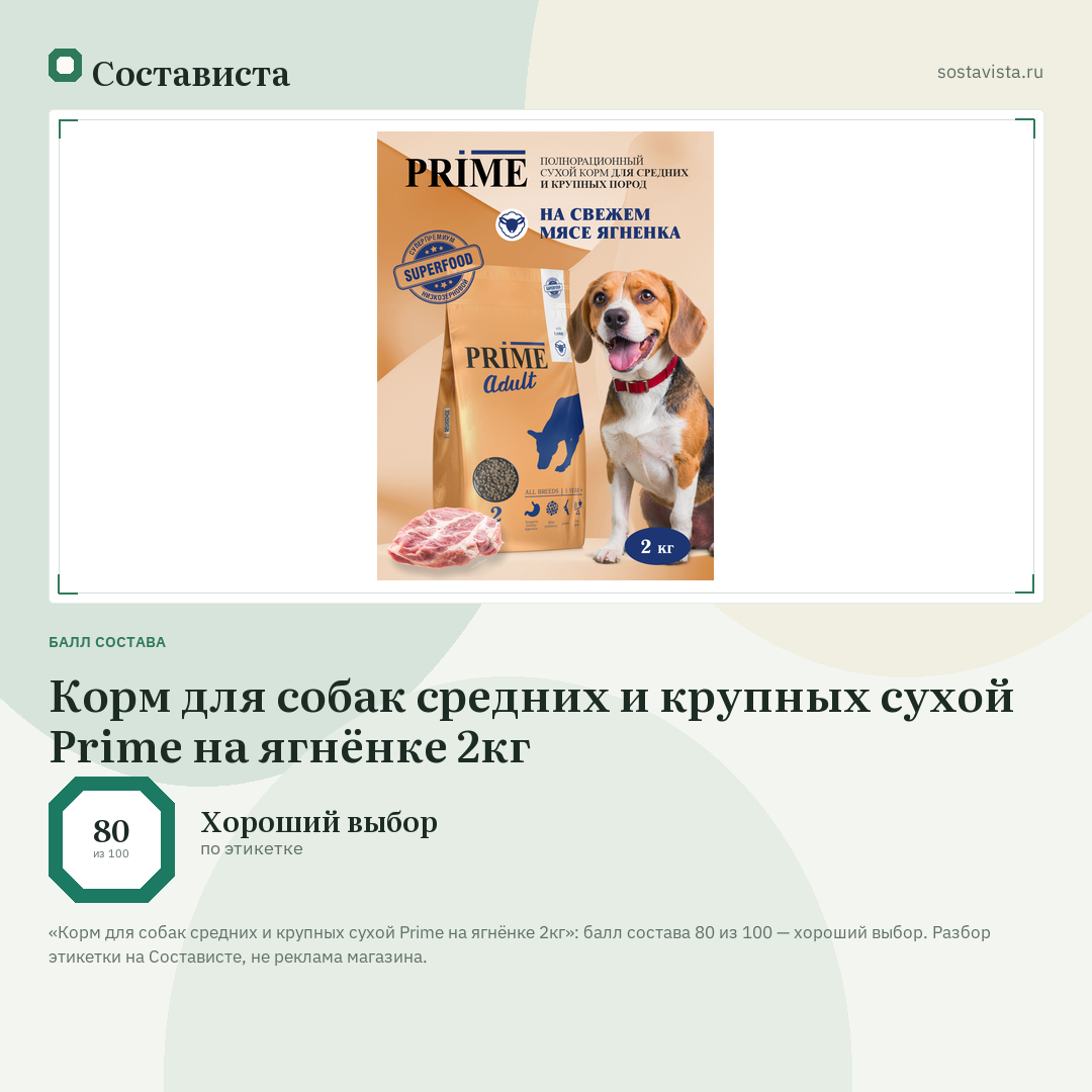 Корм для собак средних и крупных сухой Prime на ягнёнке 2кг: балл состава 80 из 100 — Состависта