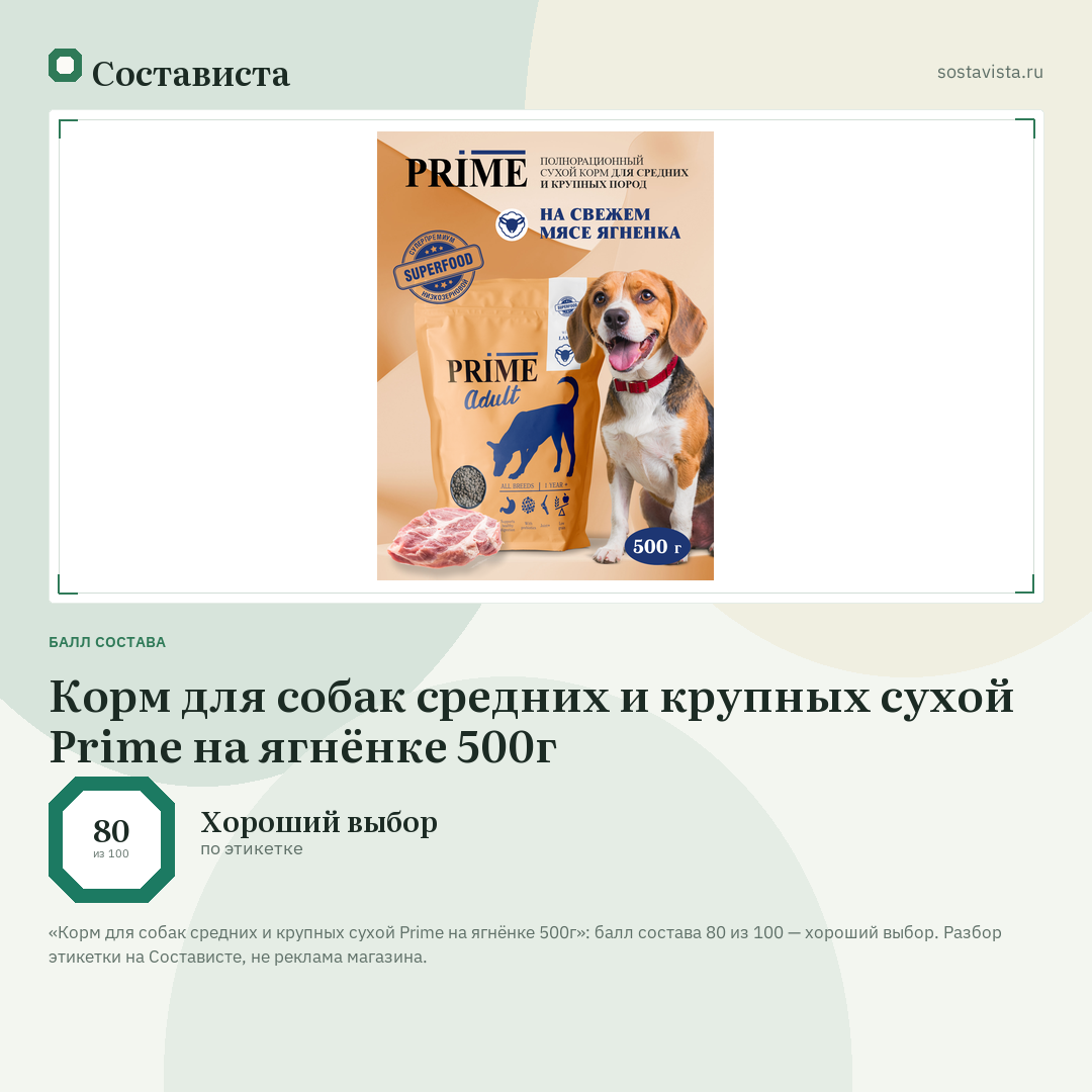 Корм для собак средних и крупных сухой Prime на ягнёнке 500г: балл состава 80 из 100 — Состависта