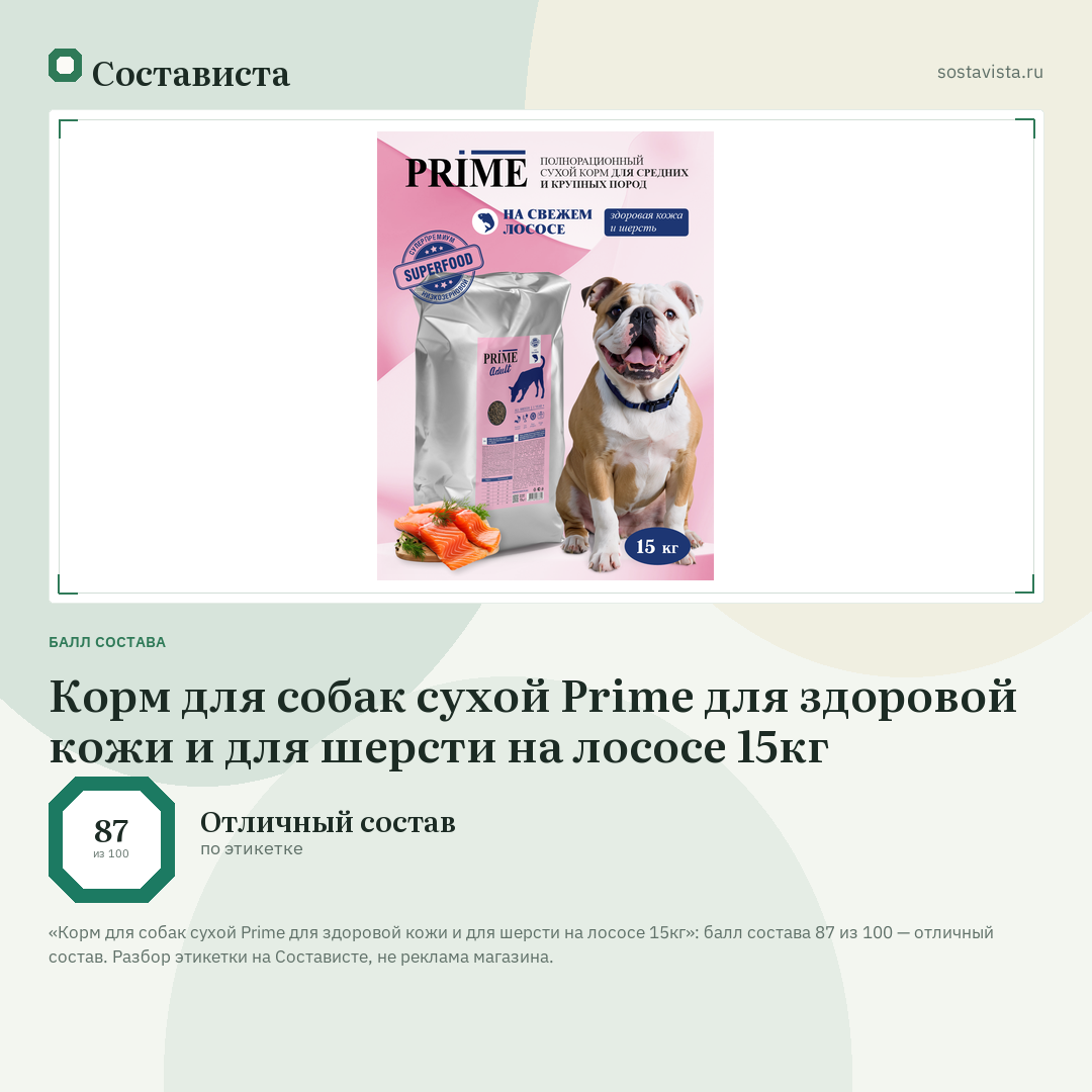 Корм для собак сухой Prime для здоровой кожи и для шерсти на лососе 15кг: балл состава 87 из 100 — Состависта