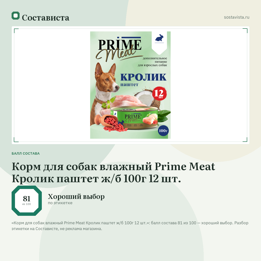 Корм для собак влажный Prime Meat Кролик паштет ж/б 100г 12 шт.: балл состава 81 из 100 — Состависта